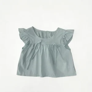 Baby Girl Eco Friendly Flutter Sleeve Mandarin Collar 3D Pattern Spandex Cotton Bow Tie Casual Blouse Children