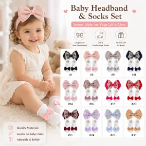 Baby Girl Gift Set Luxurious Gold Thread Lace Bowknot and Comfy Socks for Photography