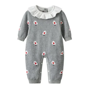 Baby Girl Knitted Romper Ruffle Collar Bird Jacquard Infant One Piece Soft Cotton Baby Jumpsuit Factory Direct