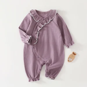 Baby Girl Long Sleeve Cotton Romper Spring Autumn One Piece Outfit with Ruffle Collar Newborn Infant Jumpsuit