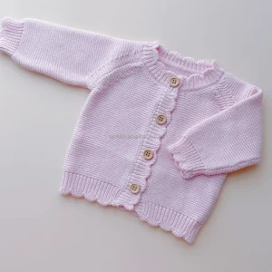 Baby Girl Peach pink Machine Knit Long Sleeve Cardigan with Scalloped Edge Wooden Buttons Link Stitch Newborn Coat Fall Sweaters
