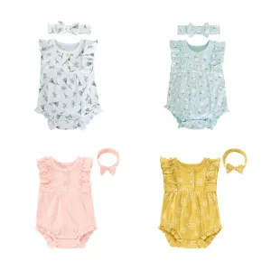Baby Girl Pit Strips Flying Sleeves Snap Button Closure Flower Printed Bodysuit and Hair Strap Set Triangle Crawling Suit Onesie