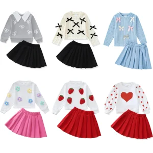 Baby Girl Skirt Set Kids Sweatshirt Pleated A-Line Dress Little Girls Clothes Set 2-Piece Outfits for Casual Party Wear
