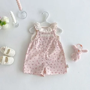 Baby Girl Sleeveless T-Shirt Bib Pants Set Summer Children Printed Jumpsuit Set Fashion Kids Clothes