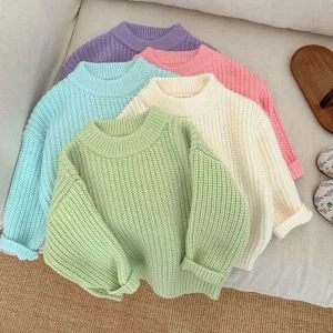 Baby Girl Solid Color Neck Pullover Sweater Acrylic Soft Treatment Spring Infant Korean Style Fashionable Versatile Long