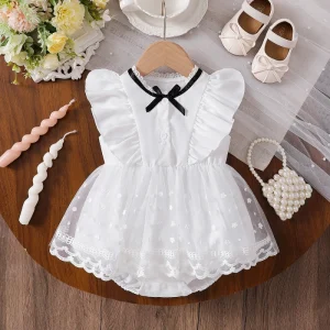 Baby Girl Summer Soft 100% Polyester Light Lively Lace Cute Ha Dress Princess Delicate Elegant Shoulder Ruffled Design Jumpsuit