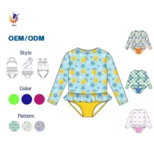 Baby Girl Swimsuit Long Sleeve One Piece Swimwear with Hat Rash Guard Ruffle Floral Zipper Beach Infant Bathing Suit