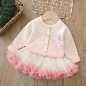 Baby Girl Winter Outfit Knitted Sweater Cardigan with Princess Tulle Dress Korean Style Kids Clothing
