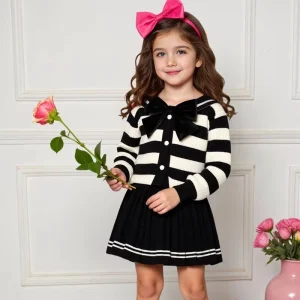Baby Girl Winter Sweater Clothes Set Spring Autumn Girls Outfit Cardigan Knit Sweater Pleated Skirt Set Preppy Style for Kids