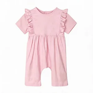 Baby Girls 100% Cotton Ruffle Sleeve Romper Short Sleeve O-Neck Jumpsuit with Snap Buttons Breathable Summer Outfit