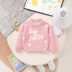 Baby Girls Acrylic Polyester Knitted Crew-Neck Sweater with Letter and Little Flower Embroidery Pullover Style