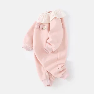Baby Girls Cute Cartoon Pattern Romper with Bow Decor Soft and Comfortable One Piece Jumpsuit for Spring and Fall Daily Wear