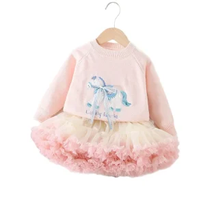 Baby Girls Cute Sweater Suit Autumn and Winter New Korean Style Bow Knitted Pullover Mesh Skirt Two piece Set