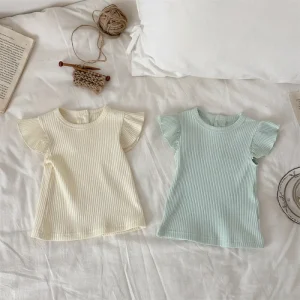 Baby Girls Fly Sleeve Blouse Pure Color Cotton Summer Tops for Toddler Girls