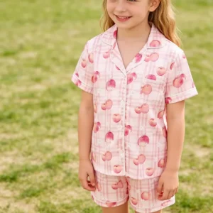 Baby Girls Peaches Satin Short Pajamas Set Children Sleepwear Sets Kids Summer Button Down Sets