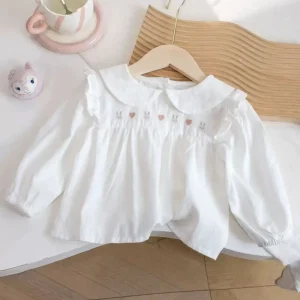 Baby Girls Peter Pan Collar Blouse Ruffle Shoulder Bunny Heart Embroidery Long Sleeve Elastic Cuff Casual Cotton Shirt