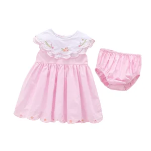 Baby Girls Pink Cotton Sleeveless Dresses and Pant Suit Hand Embroidery Toddler Girls Dress