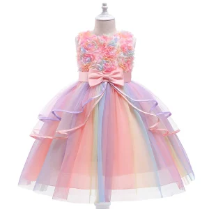 Baby Girls Princess Dress with Lace Tutu Rainbow Bridesmaid Dresses for Children Party Style Bow Collar Sizes 2 3 10 Years