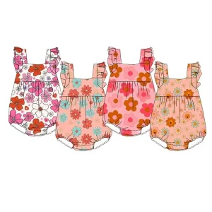 Baby Girls Ruffle Floral Knitted Romper Retro Smiley Sleeveless Sunsuit Custom Summer Toddler One-Piece Jumpsuit