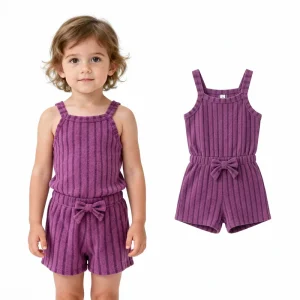 Baby Girls Sleeveless Ribbed Knit Romper Bow Tie Waist Casual Summer Toddler Jumpsuit Soft Stretchy Breathable Quick drying Kids