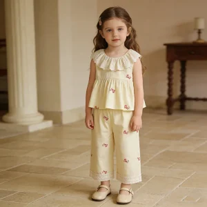 Baby Girls Suit Summer 2Pcs Kids Set Lace Collar Sleeveless Top & Wide Leg Pants Kids Butterfly Embroidery Outfit Kids Clothing