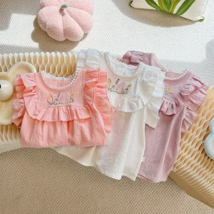 Baby Girls Summer New Sleeveless Korean Style Cotton Sweet Thin Shirt Top with Floral Embroidery Ruffles Blouse