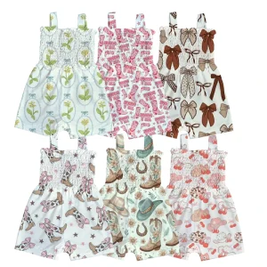 Baby Girls Summer One Piece Jumpsuit Smocking Stitch Tops Bodysuit Custom Pattern Milk Silk Overalls Romper Anti-Wrinkle