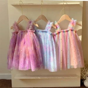 Baby Girls Summer Party Princess Dress Kids Sequin Stars Rainbow Mesh Dress Birthday Lovely Colorful Casual Dress