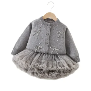 Baby Girls Sweater Set Autumn and Winter New Sweet Sweater for Toddler Girls Pearl Bow Cardigan Mesh Two-piece Set