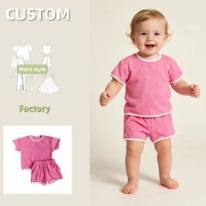 Baby Girls Waffle Knit Summer Outfit Cute Pink Short Sleeve Top & Shorts for Infant
