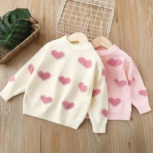 Baby Girls Winter Warm Pearl Heart Knitted Cardigan Soft Cotton Knit Sweater Top Sweet Princess Casual Fashion Trendy