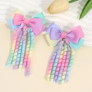 Baby Hair Accessories Pastel Rainbow Gradient Grosgrain Curly Ribbon Bow Hair Clips Barrettes for Toddler & Little Girls