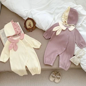 Baby Jumpsuit Cute Rabbit Ear Lapel Button Closure Polyester Long Crawl Baby Girl Climbing