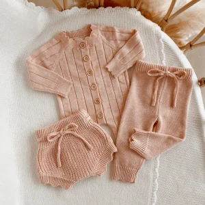 Baby Knitted Girl Sweater Romper Pink Lemonade Rib Jumpsuit Custom Lace Layette for Newborn Clothes Button Winter Wear