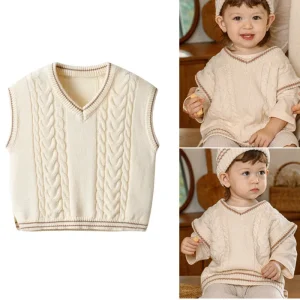 Baby Knitted Vest V Neck Cable Knit Pure Cotton Sleeveless Waistcoat Toddler Layer Outerwear with Contrast Color Trim