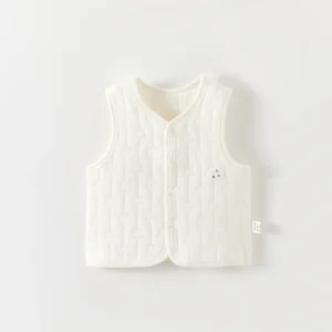 Baby Quilted Autumn Winter Vest Boys’ Girls’ Warm Outerwear Cardigan Waistcoat 3 Layer Cartoon Applique Snap Button Crew Neck