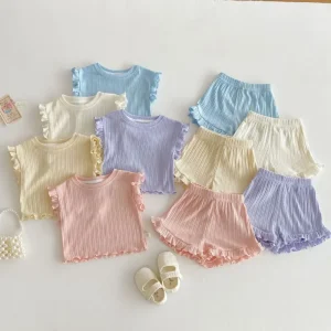 Baby Solid Color Two Piece Set Girls Ruffled Tank Top and Shorts Korean Style Summer Outfit Kids Clothing Girls Sets for Summer