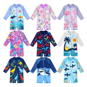 Baby Toddler Girl One Piece Long Sleeve Swimsuit Zipper Closure Rashguard UPF50 Sun Protection Bathing Suit Swimwear