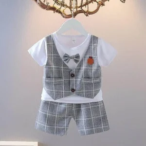 Baby White Crew Neck Short Sleeve Tee Grey Plaid V Neck Single Breasted Bow Tie Vest Cuff Casual Shorts Gentleman Formal Costume