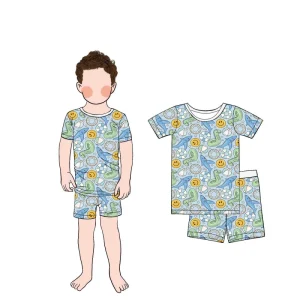 Babylovey OEM ODM Custom Logo Printed Boys Pajama Set Short Sleeve Infant Bamboo Organic Summer Breathable Sleepwear