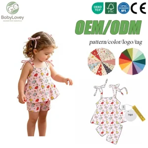 Babylovey Sweet Girl Custom Cute Print Sleeveless and Shorts Set Bow Tie Shoulder Straps Casual Summer Kids Outfit