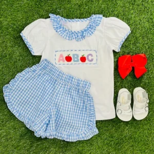 Back to School Little Girl Two Piece Outfit Set Summer Kids Girl Custom Embroidery Cotton Shirt Checked Shorts Clothing Set