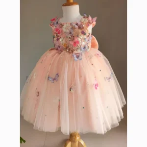 Beautiful Flower Girl Ball Gown Wedding Party Dress O-Neck Sleeveless Knee-Length Handmade Fluffy Children’s Princess Dress