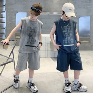 Big Boy’s Clothing Set Blue Gray Letter Print Sleeveless Shirt Shorts 2 Pcs Sport Set for Summer