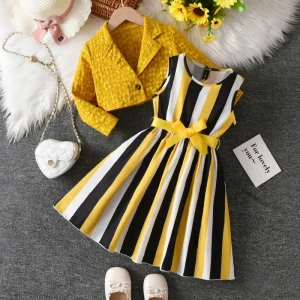Big Girl Autumn Kids Girl 2 Pcs Outfit Set Yellow Short Jacket + Yellow Black Striped Jumper Dresses Girls Clothes