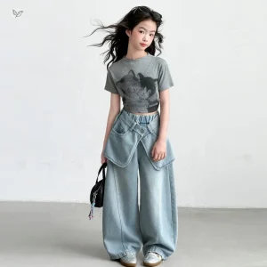 Big Girl Summer Clothes Cat Print Short Sleeve Tee Curved Jeans Two Piece Set for Older Kids Casual Outfit