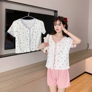 Big Girls Cotton Short Sleeve Pajamas Flower Printed Sleepwear Set