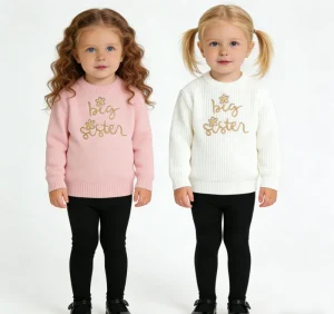 Big Sisters Embroidered Knitted Baby Girls Sweater Custom Design White Pink Kids Sweater