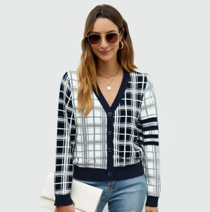 Black and White Plaid Sweater for Girls, Long Sleeve