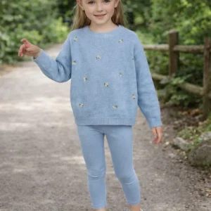 Blue Children’S Girl Sweater Knitted Pullover Sweater Top With Flower Embroider for Girls in Spring Autumn